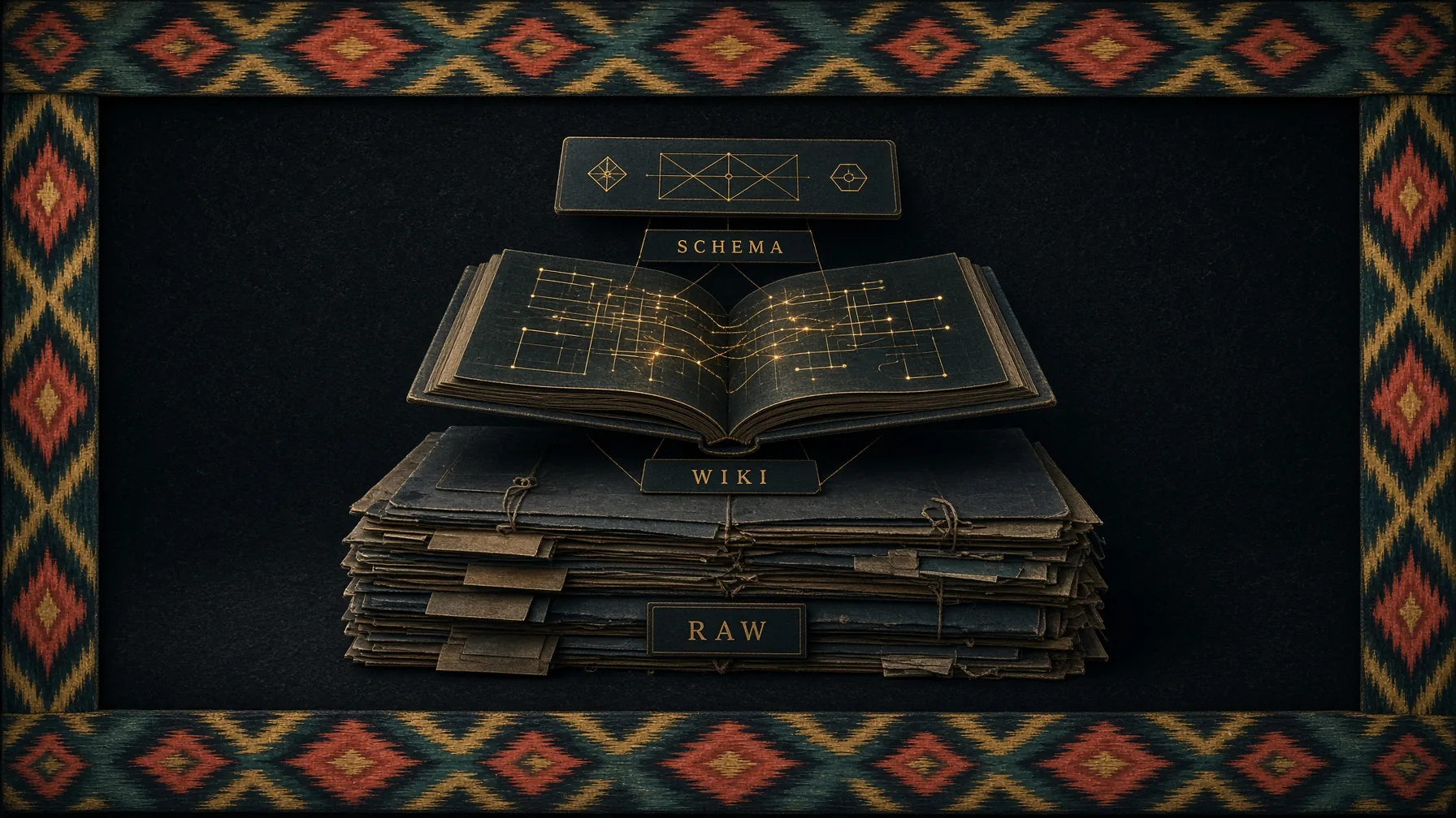 ئاستىدا خام مەنبە (RAW)، ئوتتۇرىدا مودېل يازىدىغان ۋىكى (WIKI)، ئۈستىدە قائىدە كارتىسى (SCHEMA).
