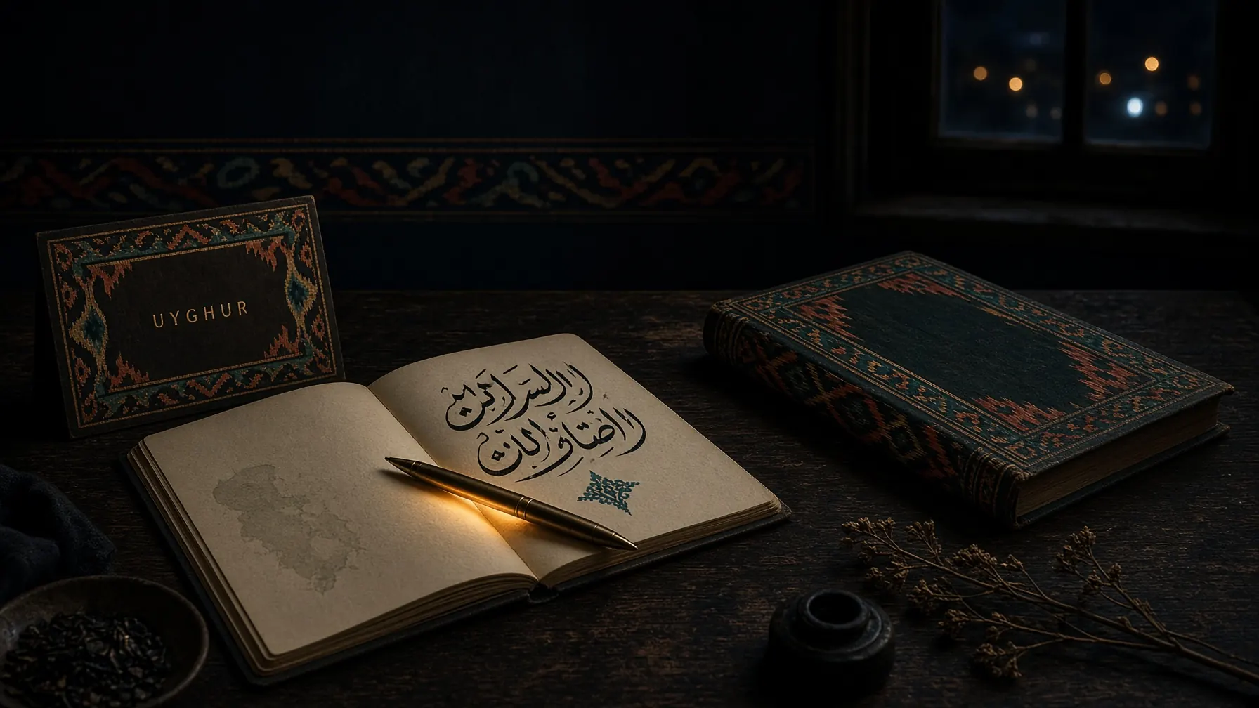 كېچىدىكى ئۈستەلدە ئوچۇق دەپتەر ۋە قىسقا كۆرسەتمە كارتىسى. ئۇيغۇرچە تەلەپ قىسقا ۋە ئېنىق بولسۇن.